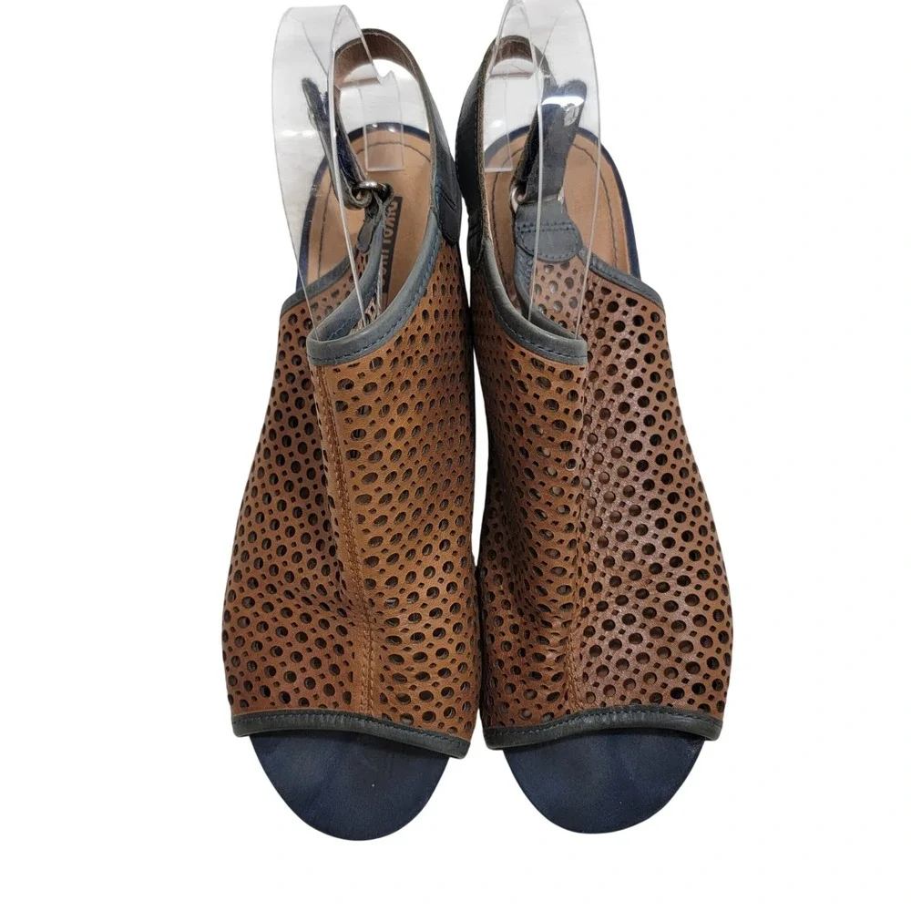 Pikolinos Bali Wedge Sandals Brown Blue Perforated Leather Peep Toe EU 41‎ US 10